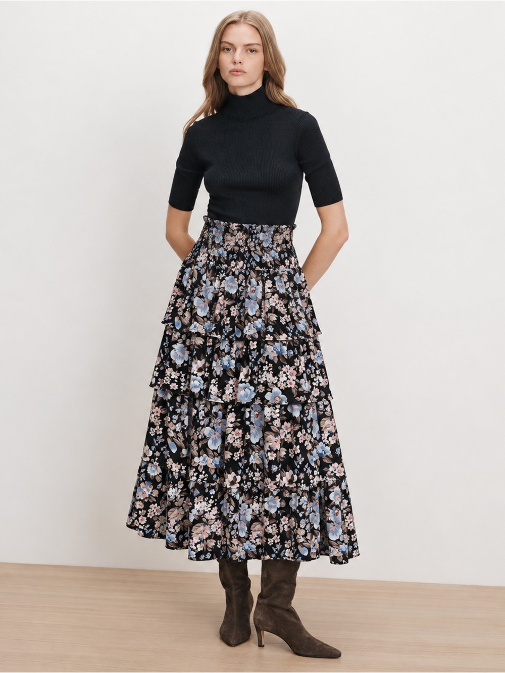 Udel Black Floral Tiered Midi Skirt with Smocked Waist S